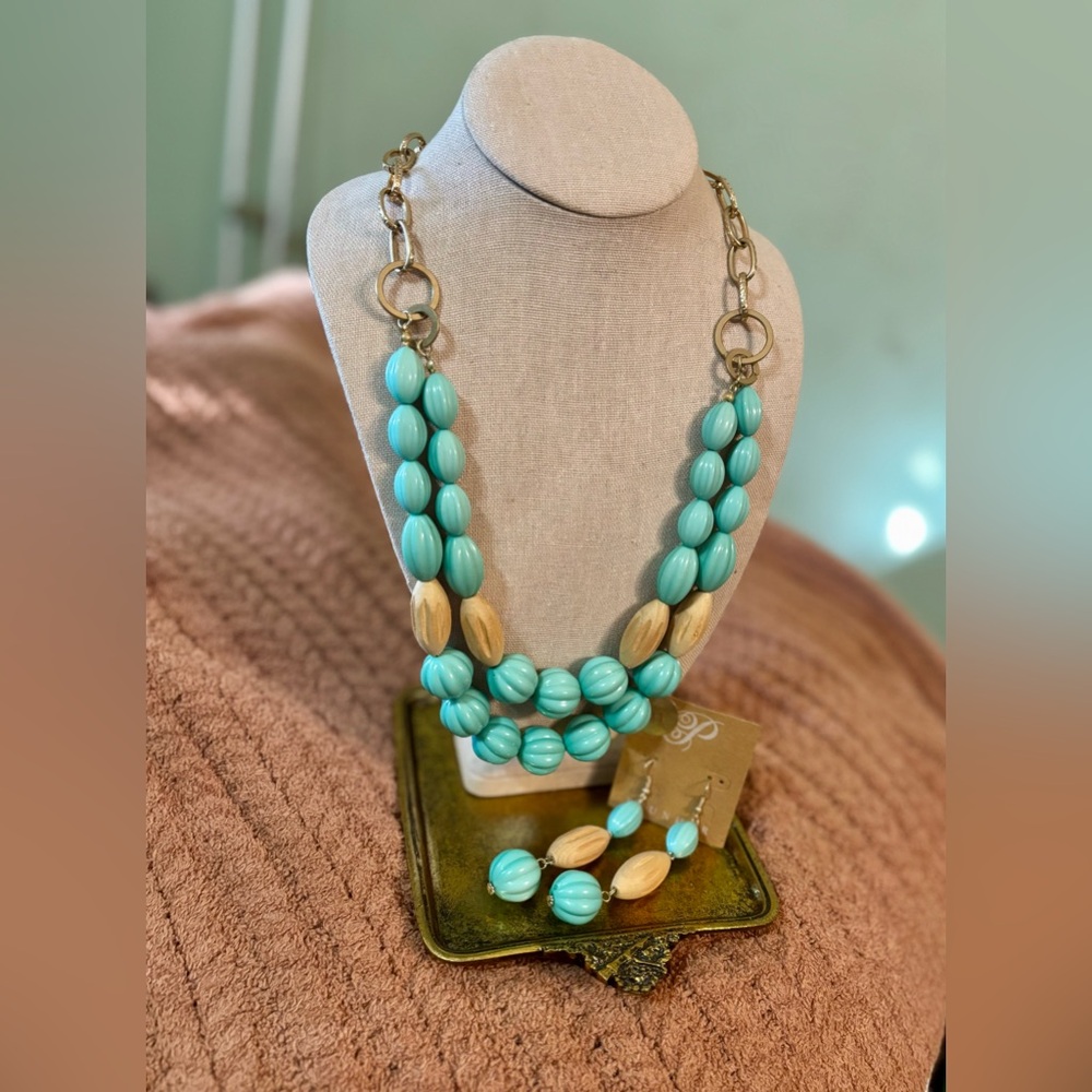 Chunky Link Statement Necklace & Matching Earring Set: Boho Gold + Aqua & Wood
